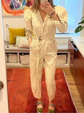 Ulla Johnson Cream Puff-Sleeve Utility Jumpsuit with Belt